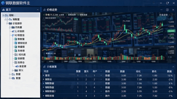 钢联数据软件主界面展示图,深蓝色商务风格,左侧分类树形菜单,右侧显示价格走势K线图与数据表格,背景为模糊的金融市场大屏幕,整体画面清晰专业,突出数据可视化效果