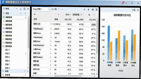 钢联数据自定义报表操作界面,左侧字段列表,中间为拖拽生成的表格数据,右侧为柱状图对比,色彩明快,界面简洁,体现软件灵活的数据处理能力