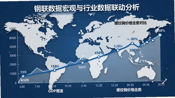 钢联数据宏观与行业数据联动分析图,折线图展示GDP增速与螺纹钢价格走势对比,背景为世界经济地图,数据点清晰标注,商务蓝配色,体现深度分析能力