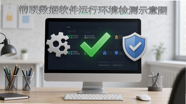 钢联数据软件运行环境检测示意图,电脑屏幕显示绿色对勾图标,旁边有齿轮和盾牌图标,象征系统兼容性和安全性,背景为干净的工作台