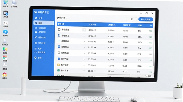 易特商店宝软件主界面全貌预览图,展示清晰的左侧功能导航栏与右侧数据列表区域,整体采用蓝白配色,背景为干净的电脑桌面环境,图标线条简洁现代,画面明亮清晰