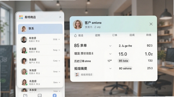 易特商店宝客户信息管理模块预览,左侧为联系人列表,右侧显示客户详情卡片,包含历史订单摘要,界面采用卡片式布局,色彩柔和,背景虚化处理突出主体