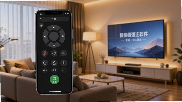 万能遥控器强连软件主界面预览图,手机屏幕显示红外遥控操作面板,背景为现代客厅,沙发与电视,暖色灯光,高清渲染,突出智能家居场景