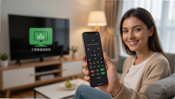 万能遥控器强连软件连接成功状态示意图,手机屏幕显示已连接电视图标,背景为家庭客厅,用户手持手机微笑,温馨生活场景,高清摄影风格