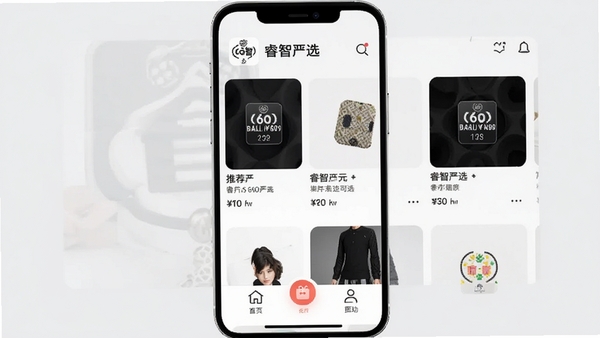 睿智严选APP主界面预览图,展示首页商品推荐流和底部功能导航栏,背景为浅灰色,界面风格现代简约,突出软件名称睿智严选,采用Boogu模型生成高清截图风格图片