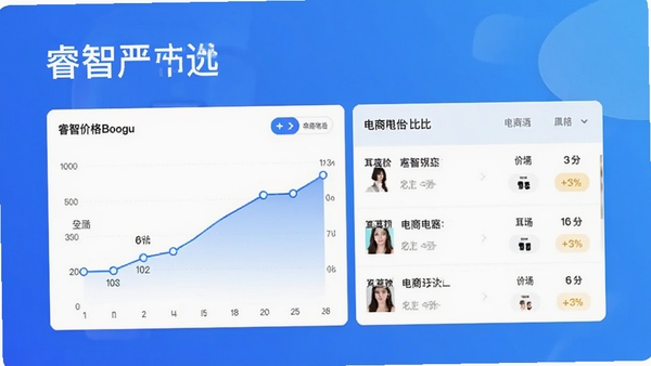 睿智严选比价功能界面图,展示某款耳机的价格曲线图和多个电商平台价格对比列表,背景为蓝色渐变,突出睿智严选软件名称,Boogu模型生成,风格现代清晰