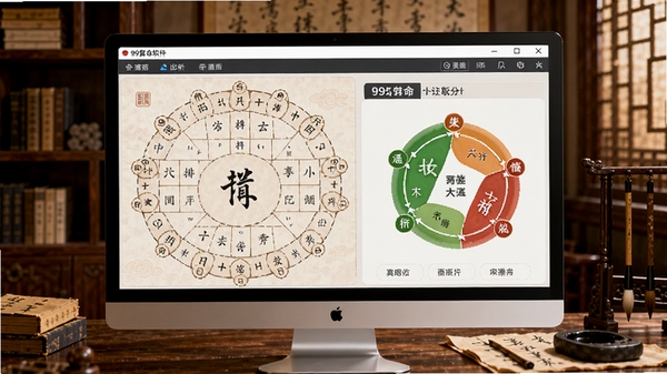 99算命软件主界面预览图,画面主体为电脑屏幕中显示的八字排盘与五行分析面板,背景为古朴的中式书房,有木质书架与文房四宝,整体色调温暖,突出传统文化与现代软件结合的氛围