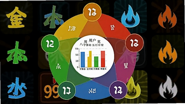 99算命五行分析界面示意图,画面主体为五行相生相克环形图,中心标注用户八字五行统计柱状图,背景为抽象的金木水火土元素图标,色彩鲜明对比,清晰直观