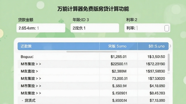万能计算器免费版房贷计算功能界面,显示贷款金额、年限、利率输入框,下方生成清晰的还款计划表格,背景为清新的浅绿色,画面风格商务而友好,突出理财规划的实用性,适配Boogu模型生成。
