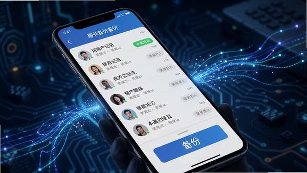 聊天记录备份转移一键备份功能演示,手机界面显示聊天记录列表和备份按钮,数据流动线条特效,科技感背景,高清