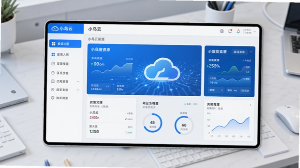 小鸟云应用的主界面预览图,画面中央显示云服务器资源监控仪表盘,左侧为功能导航栏,整体采用蓝白配色,科技感与现代感并存,界面整洁明亮,背景为浅灰色工作台环境