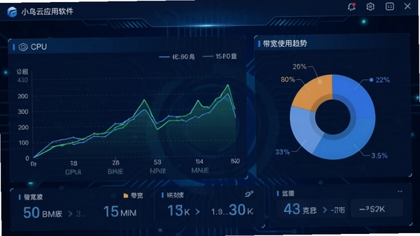 小鸟云应用软件内的资源监控功能截图,屏幕上展示着折线图和饼图,分别代表CPU与带宽使用趋势,数据面板设计精美,数字清晰,背景为深蓝色科技感界面