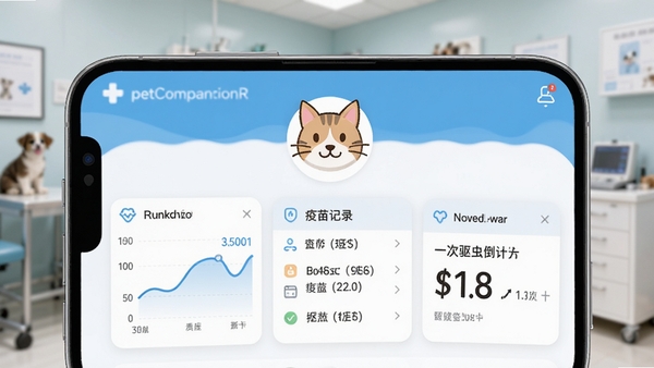 手机屏幕特写,展示petCompanionR应用的健康档案页面,页面上有宠物猫的卡通头像,下方排列着体重曲线图、疫苗记录列表和下一次驱虫倒计时卡片,界面设计简洁,以浅蓝色和白色为主色调,图标清晰,背景为模糊的宠物医院环境,光线柔和,细节丰富,高清渲染。