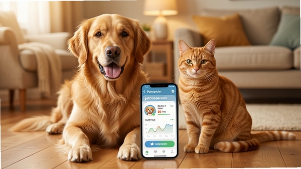 一张温馨的客厅场景,一只金毛犬和一只橘猫并排坐在木地板上,旁边放着一部智能手机,手机屏幕上显示着petCompanionR应用的主界面,界面有宠物头像、健康数据图表和互动按钮,背景是柔和的暖色调家居环境,光线明亮自然,画质高清,构图平衡,突出人与宠物和谐共处的氛围。