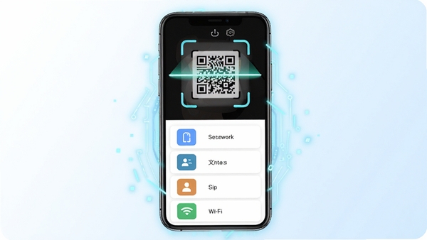 生图提示词:扫一扫搜二维码应用的功能展示图,手机屏幕分成上下两部分,上半部分是扫描动画界面,下半部分以卡片列表形式展示识别出的结果类型图标,包括链接、文本、名片和Wi-Fi,图标采用彩色扁平化风格,手机周边有浅蓝色的科技感光效,背景为渐变的白色到淡蓝色,画面清晰,突出功能全面且识别精准的特点