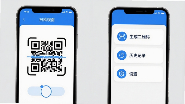 生图提示词:扫一扫搜二维码应用的界面设计展示图,采用左右分屏对比,左边是简洁的扫码主界面,右边是功能菜单列表,包含“生成二维码”、“历史记录”、“设置”选项,整体UI采用白色和蓝色为主色调,图标线条圆润,界面布局规整,背景为浅灰色,风格干净素雅,突出无广告、简洁易用的特点