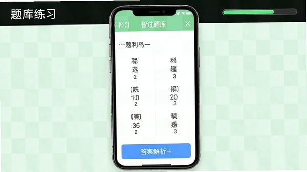 稳过驾通助手智能题库练习界面,手机屏幕显示科目一选择题,下方有答案解析按钮,背景为淡绿色网格,左上角显示“题库练习”字样,右上角有进度条,整体风格清爽专业。