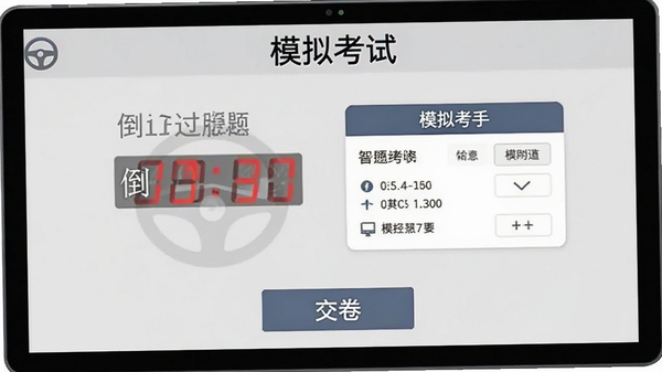 稳过驾通助手模拟考试页面,屏幕显示倒计时与答题卡,顶部有“模拟考试”标题,背景为浅灰色,底部有“交卷”按钮,画面包含方向盘图标,整体风格正式严谨。