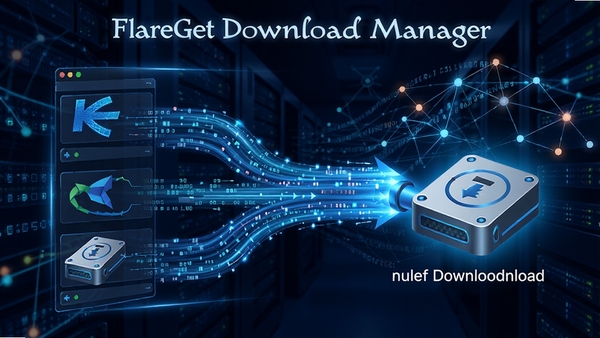 FlareGet Download Manager 多线程下载示意图,画面展示多个数据流同时传输至本地磁盘,背景为高速网络数据流动的抽象效果,强调其加速下载的核心功能