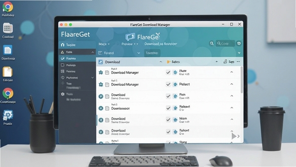 FlareGet Download Manager 主界面预览图,展示其清晰的布局和下载任务列表,背景为现代化的桌面环境,整体风格简洁明亮,突出软件的核心下载功能区域