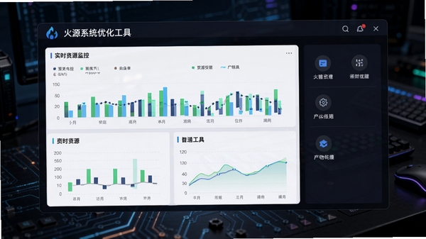火源系统优化工具主界面预览图,展示实时资源监控图表与简洁的功能布局,背景为深色科技感桌面