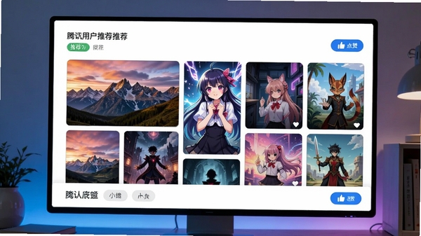 腾讯魔镜壁纸智能推荐功能展示,屏幕上显示根据用户喜好推荐的壁纸瀑布流,包含风景、动漫等多种风格,界面有推荐标签和点赞按钮,画面色彩丰富,突出个性化服务