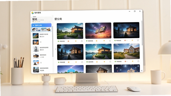 腾讯魔镜壁纸软件主界面预览图,展示壁纸分类列表和精美高清壁纸缩略图,背景为整洁的电脑桌面,色调明亮柔和,整体风格现代简洁,突出软件易用性与视觉美感