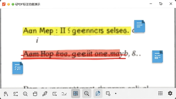 ����PDF�Ķ�����ע������ʾ���ĵ�ҳ�����л�ɫ��������ɫ�»��ߺ���ɫ��ǩͼ�꣬�������ײ���ʾ��ע���߰�ť���������Ϊǳɫ����