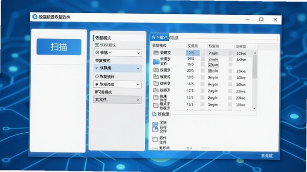 极强数据恢复软件主界面预览图,展示软件整体布局与功能分区,包含扫描按钮、恢复模式选择区、文件列表展示区等核心元素,背景为简洁的科技蓝色调,界面清晰直观,适合作为软件下载页首图展示