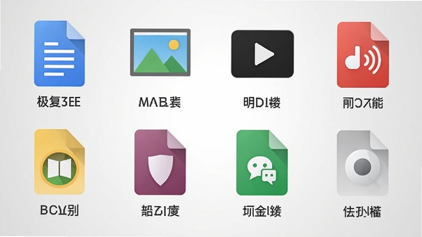 极强数据恢复软件文件类型识别功能展示,画面中列举多种文件格式图标,包括文档、图片、视频、音频等,每个图标下方标注文件类型名称,背景为浅灰色渐变,整体风格简洁明了,突出软件对文件格式的全面支持
