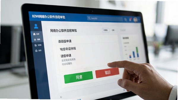 BZWB网络办公软件流程审批界面特写,屏幕上展示一张请假申请单,带有“同意”与“驳回”按钮,界面风格简洁商务,背景虚化处理,聚焦于审批操作动作,写实风格