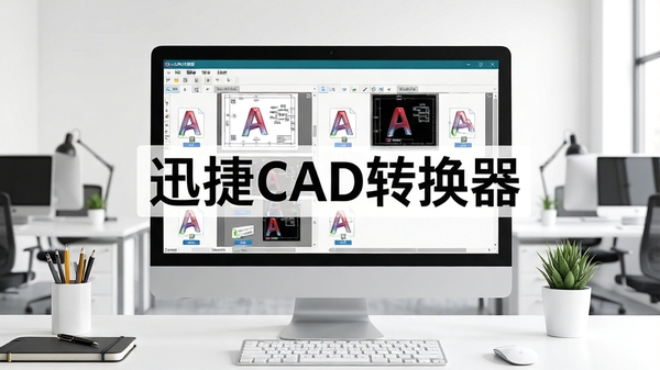 一张现代办公桌场景,电脑屏幕上清晰显示迅捷CAD转换器软件主界面,界面中展示多个CAD图纸文件正在批量转换,背景为简洁明亮的办公室环境,画面中心突出软件名称“迅捷CAD转换器”,整体风格写实清晰,色彩明亮自然