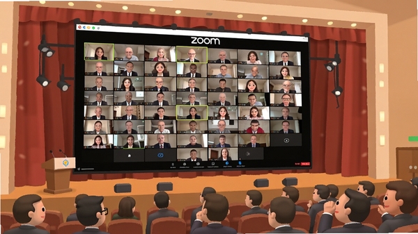Zoom大规模会议场景示意图,画面中一个大礼堂屏幕上显示Zoom会议网格视图,数百个视频窗口整齐排列,台下观众正在观看,色调庄重,突出大型会议与网络研讨会的规模感