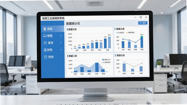 佳顺工业进销存系统主界面预览图,画面主体为软件在电脑屏幕上的运行界面,左侧功能菜单清晰展示采购、销售、库存、财务等模块,右侧为数据统计图表,背景为整洁的现代化办公室环境,整体色调以蓝白为主,风格写实清晰
