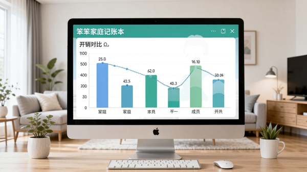 软件运行在电脑桌面上的整体效果图,屏幕上显示家庭各成员的开销对比条形图,桌面背景为整洁的现代家居风格,突出笨笨家庭记账本的多成员管理功能