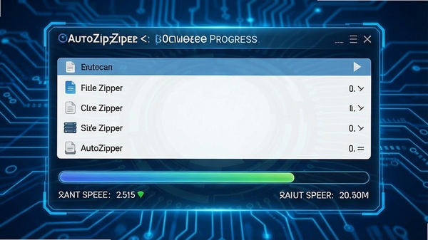 AutoZipper 压缩进度界面,显示文件列表、进度条与实时速度数据,背景为蓝色科技感风格,突出高效处理能力