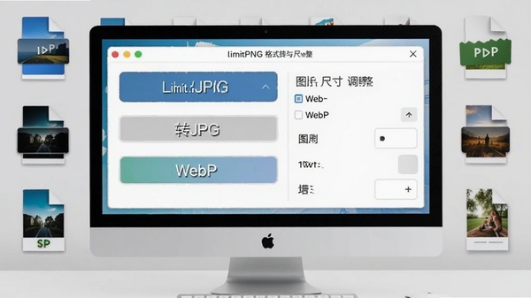 limitPNG格式转换与尺寸调整功能界面,显示PNG转JPG、WebP选项,图片尺寸调整面板,背景为浅灰色桌面,电脑屏幕展示软件窗口,周围有不同格式的图片文件图标,风格简洁明了