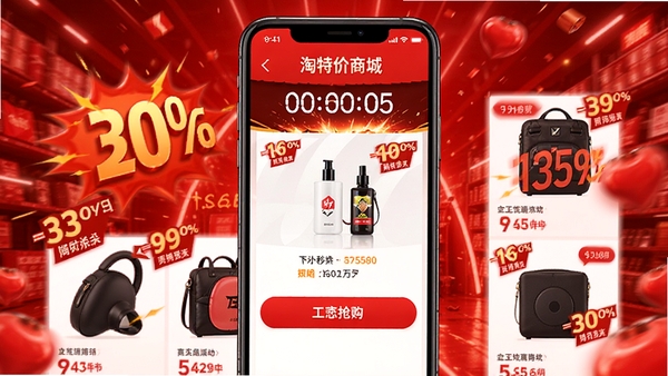 淘特价商城限时秒杀活动界面,手机屏幕显示倒计时和商品抢购按钮,背景为红色促销氛围,商品图片突出折扣标签,整体视觉冲击力强