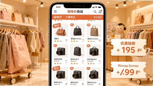 淘特价商城主界面预览图,手机屏幕展示商品瀑布流,背景为暖色购物场景,突出特价标签和优惠券元素,画面清晰明亮,商品图片丰富,整体风格活泼现代