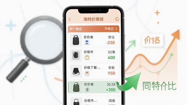 淘特价商城比价功能演示图,手机界面显示同一商品在多个平台的价格对比列表,绿色箭头标注最低价,背景有放大镜和价格曲线元素,风格简洁直观