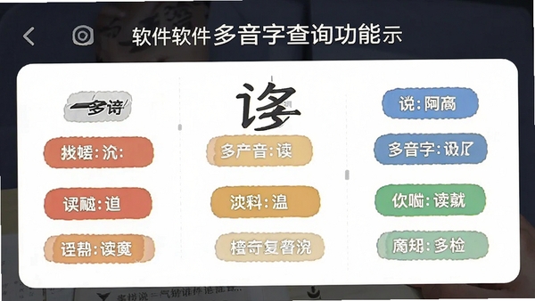 查拼音软件多音字查询功能展示,界面中展示一个多音字的不同读音及对应的词组示例,用不同颜色的标签区分,整体视觉效果直观易懂。