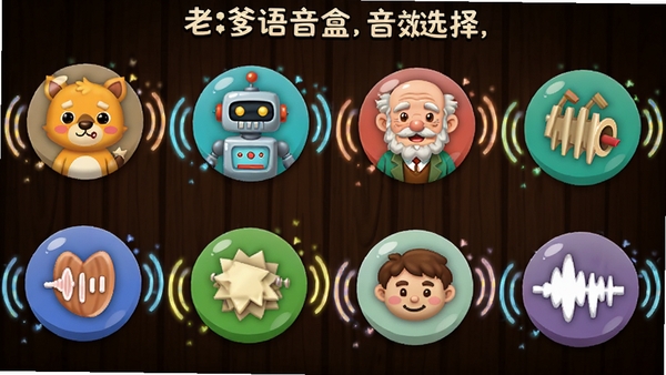 �ϵ���������Чѡ����棬չʾһ����Բ����Чͼ�꣬ÿ��ͼ�������ͬ��������ж�������ˡ����˵ȣ�����Ϊ��ɫľ��������ͼ��ɫ�����ޣ���Χ��������Ч����������Ƥ��Ȥ��