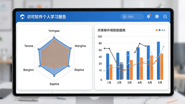 识可软件个人学习报告数据图表界面,显示雷达图与柱状图,背景为白色卡片风格,数据可视化,界面简洁专业,色调以蓝色和橙色为主,高清细节