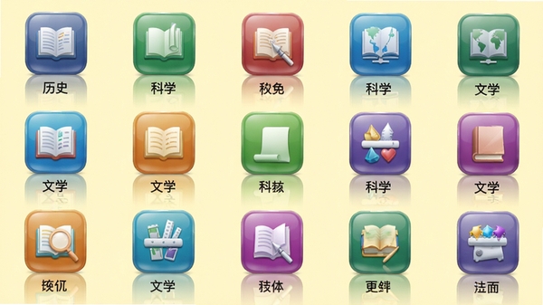 识可软件题库分类界面截图,展示历史、科学、文学等彩色图标分类,网格布局,背景为浅黄色,图标设计精致,带有倒影效果,画面清晰明亮