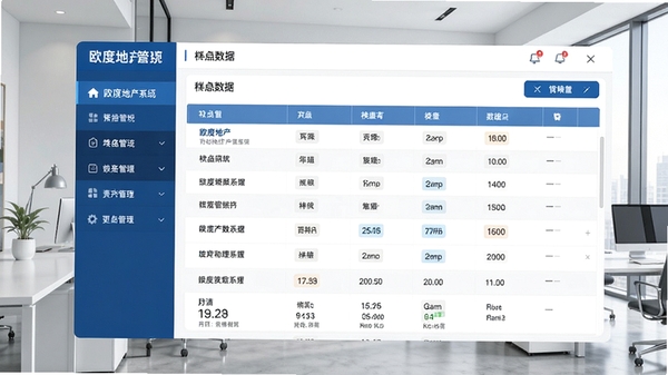 欧度地产管理系统主界面预览图,展示左侧功能导航栏与右侧楼盘列表数据表格,背景为现代简约办公室场景,界面风格商务蓝白配色,整体画面清晰明亮