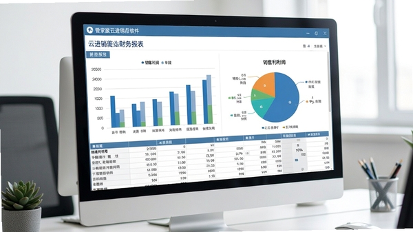 管家婆云进销存软件财务报表界面预览,柱状图与饼图展示销售利润数据,背景为办公桌面,电脑屏幕显示清晰的报表表格,色调简洁明亮,突出数据分析功能