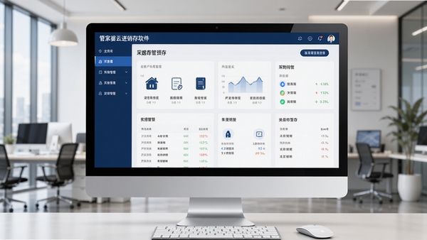 管家婆云进销存软件主界面预览图,展示简洁的采购销售库存管理面板,深蓝色调,背景为现代办公室场景,桌面电脑显示软件数据看板,图标清晰,整体风格专业且友好