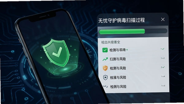 无忧守护病毒扫描过程界面,显示扫描进度条与检测出的风险项列表,手机屏幕上有绿色安全标识,背景为深色科技感,突出安全防护的视觉氛围