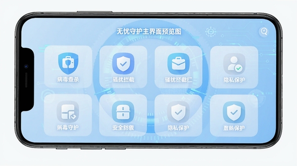无忧守护主界面预览图,展示手机安全防护核心功能模块,包括病毒查杀、骚扰拦截、隐私保护等图标,背景为淡蓝色科技感界面,整体风格简洁明亮,适合软件介绍展示