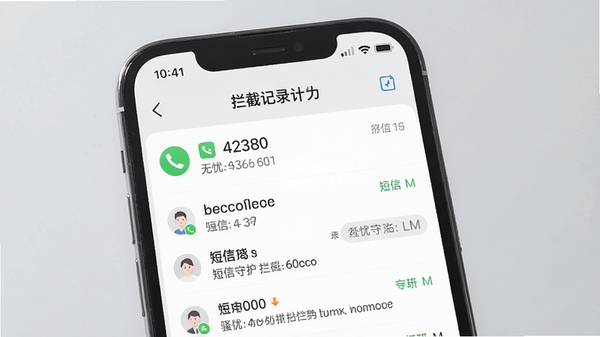 无忧守护骚扰拦截功能展示,手机界面显示拦截记录列表,包含来电号码与短信预览,背景为浅灰色调,突出功能实用性